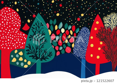 Colorful Abstract Winter Forest with Starry Night Sky and Geometric Trees 121522607