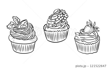 Hand drawn illustration of three cupcakes Hand drawn illustration of three cupcakes 121522647