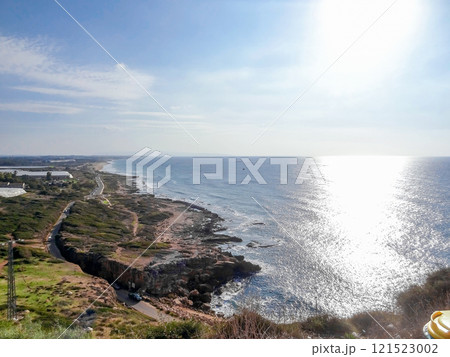 Natural landscape top view of the kibbutz agricultural farm and the Mediterranean Sea, Israel. 121523002