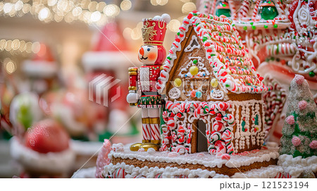 Christmas Candyland with nutcracker and gingerbread house. 121523194