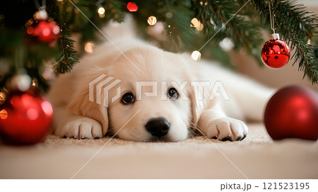 White puppy retriever lying down under christmas tree White puppy retriever lying down under christmas tree 121523195