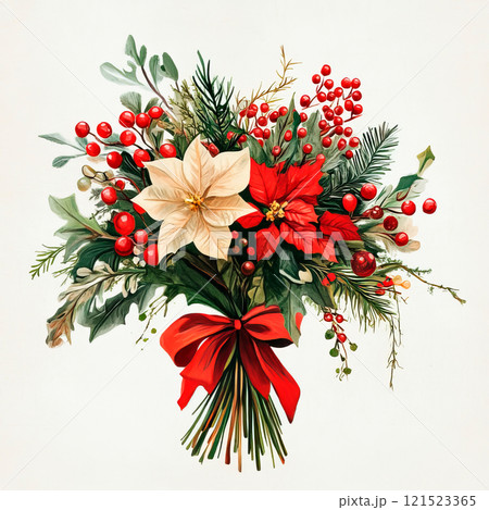 Greeting card with Christmas bouquet on white background 121523365