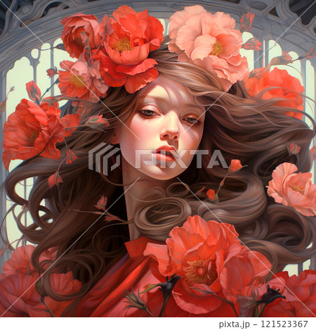 Beautiful girl with flowers and butterflies in her hair 121523367