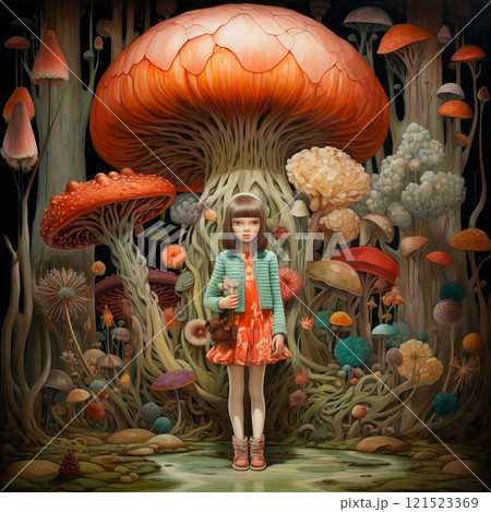 Modern girl under a big red mushroom in a mysterious forest 121523369