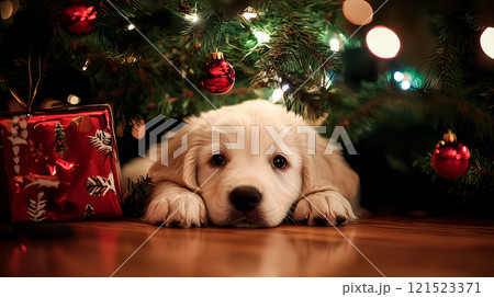 White puppy retriever lying down under christmas tree 121523371