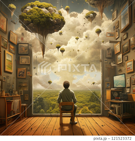Little boy watching the beautiful planets. Ai art 121523372