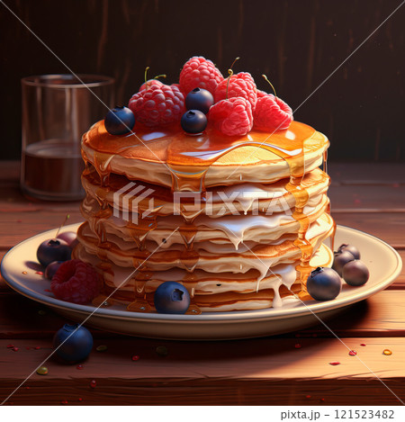 Stack of delicious pancakes with honey or maple syrup on plate 121523482
