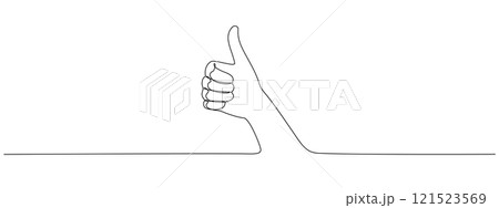 Thumb up in one continuous line. Symbol of goodness . Positive gesture showing like sign in single line style . Vector editable stroke. Thumb up in one continuous line. Symbol of goodness . Positive gesture showing like sign in single line style . Vector editable stroke. 121523569