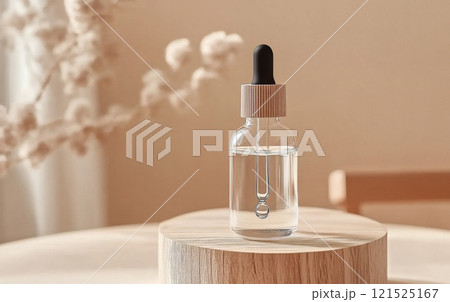 glass dropper bottle with black lid on a podium 121525167
