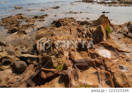 Close-Up of Eroded Coastal Rocks with Unique Formations Close-Up of Eroded Coastal Rocks with Unique Formations 121525384