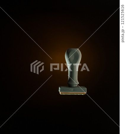 Approved sign and stamper on document fly on isolated black background. Approved Paid Deal stamp from wood plastic for manager and office float in mid air 121525616