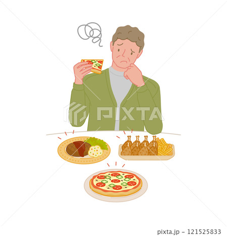 脂っこい揚げ物の食事が胃もたれして困るミドル男性（消化不良） 121525833
