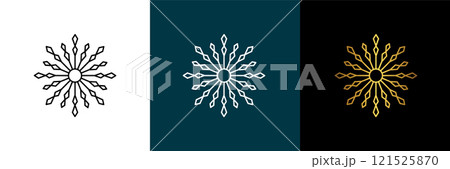 Symmetrical circular graphic for logotype, snowflake. Vector circular pattern. Color black, white, gold. Isolated design element for themes abstract geometrical modern decoration round logo template. Symmetrical circular graphic for logotype, snowflake. Vector circular pattern. Color black, white, gold. Isolated design element for themes abstract geometrical modern decoration round logo template. 121525870