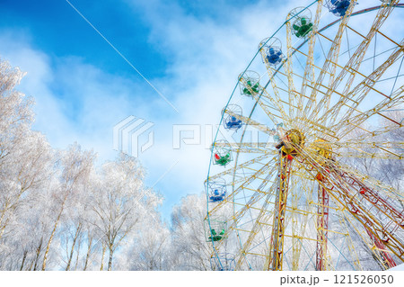 Amazing view of snow covered ferris wheel surrounded by snowcovered trees. Amazing view of snow covered ferris wheel surrounded by snowcovered trees. 121526050
