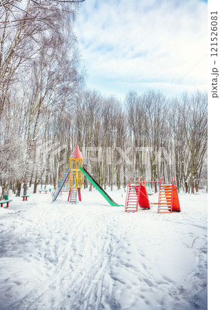 Amazing view of empty children playground in winter day. 121526081
