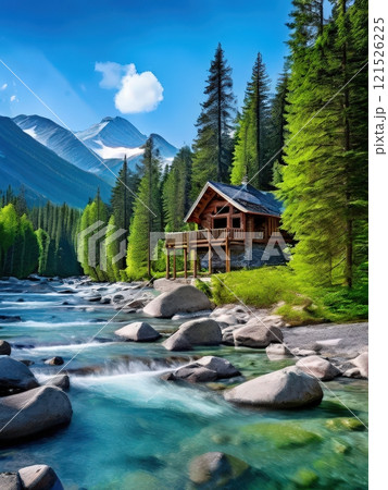 the AI Image Generator, Cabin by a Flowing River and Snowy Mountain Backdrop the AI Image Generator, Cabin by a Flowing River and Snowy Mountain Backdrop 121526225