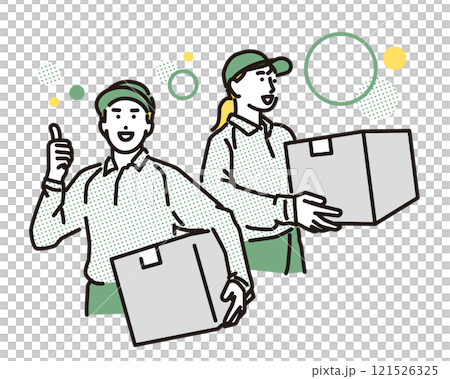 シンプル　イラスト　段ボールを持つ笑顔の配達員の男性と女性 121526325