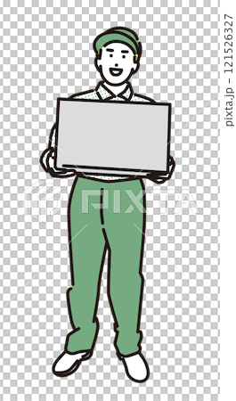 送貨員微笑著遞出包裹的簡單插圖 送貨員微笑著遞出包裹的簡單插圖 121526327