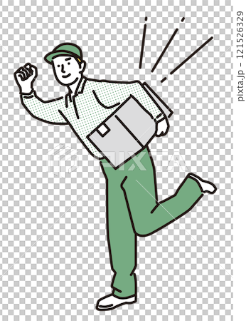 簡單說明：男性外送員拎著包裹握拳的全身 121526329