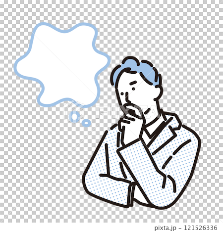 Simple illustration of a businessman with his arms folded thinking and a speech bubble 121526336