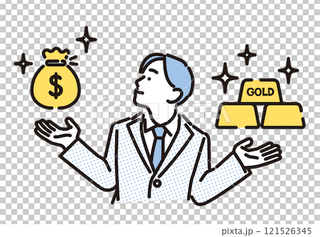 Simple illustration: A businessman wondering whether to accept dollars or gold Simple illustration: A businessman wondering whether to accept dollars or gold 121526345