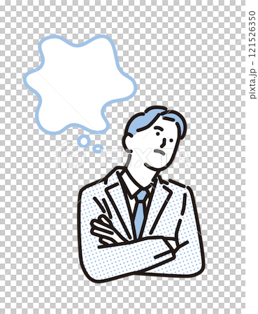 Simple illustration of a businessman with his arms folded thinking and a speech bubble 121526350