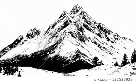 インク画風の雪山シルエット、モノクロームの静寂な風景 121526929