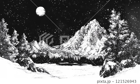 満月の夜の雪山の墨絵風風景画のイラスト素材 [121526943] - PIXTA