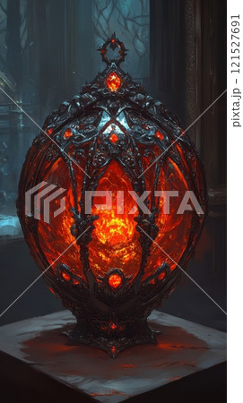 Fiery Ornate Egg Display in Dark Environment 121527691