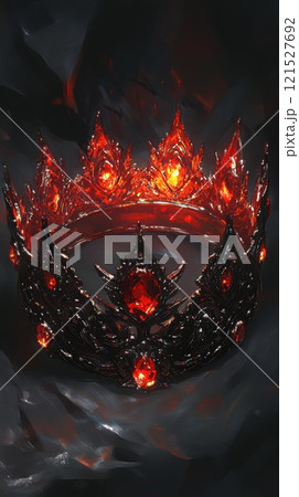 Fiery Crown with Red Gems Against Dark Background 121527692