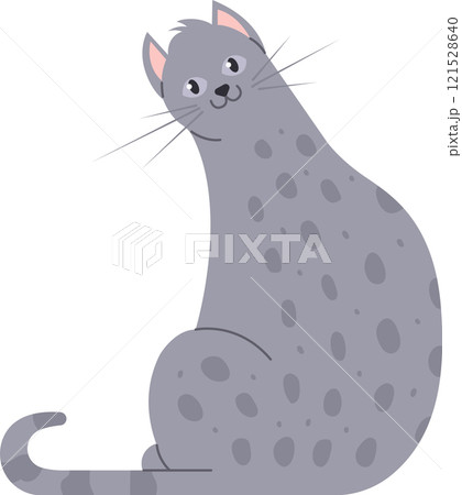 Cartoon illustration featuring an adorable gray cat with dark spots, curiously turning its head and gazing with an inquisitive expression on its face 121528640