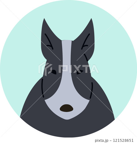Portrait of a bull terrier dog gazing forward within a light green circle, featuring a minimalist vector illustration style that highlights its friendly and adorable characteristics 121528651