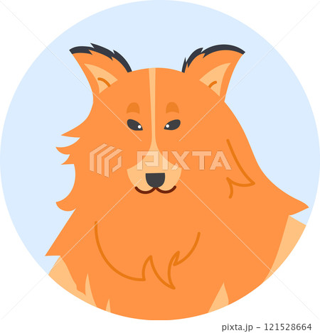 Orange Shetland sheepdog with pointy ears and a black nose gazing forward within a light blue circle, featuring a simple and flat vector illustration style Orange Shetland sheepdog with pointy ears and a black nose gazing forward within a light blue circle, featuring a simple and flat vector illustration style 121528664
