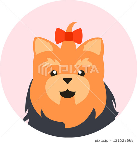 Portrait of adorable yorkshire terrier puppy wearing a red bow on its head, showcasing its charming and playful personality against a soft pink backdrop Portrait of adorable yorkshire terrier puppy wearing a red bow on its head, showcasing its charming and playful personality against a soft pink backdrop 121528669