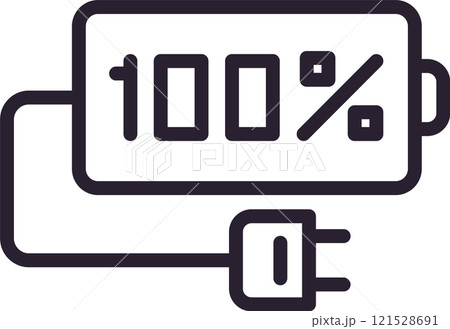Simple line drawing of a battery icon displaying a full one hundred percent charge, with a plug attached, representing a fully charged electronic device Simple line drawing of a battery icon displaying a full one hundred percent charge, with a plug attached, representing a fully charged electronic device 121528691