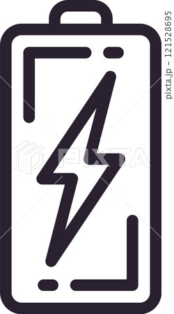 Simple line drawing of a battery with a lightning bolt symbol inside, representing the concept of fast charging technology for electronic devices 121528695