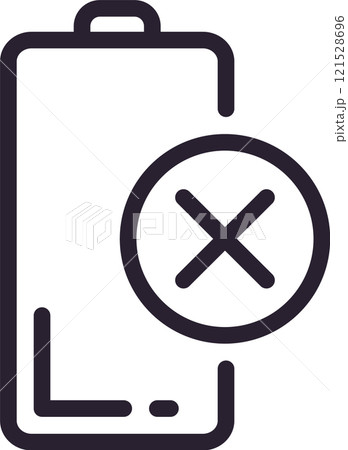 Minimalist vector illustration depicting a battery icon with a cross symbol, representing a state of low or no power, emphasizing the concept of energy depletion in electronic devices 121528696