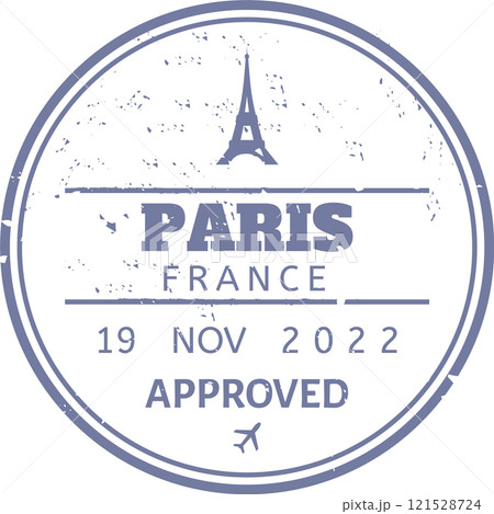 Round immigration passport stamp showing Eiffel Tower with Paris France lettering and date of approval with airplane symbol representing international travel 121528724
