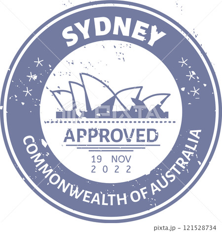 Grunge rubber stamp imitation featuring the Sydney Opera House with the text Sydney, Approved, Commonwealth of Australia, and the date 19 Nov 2022 121528734