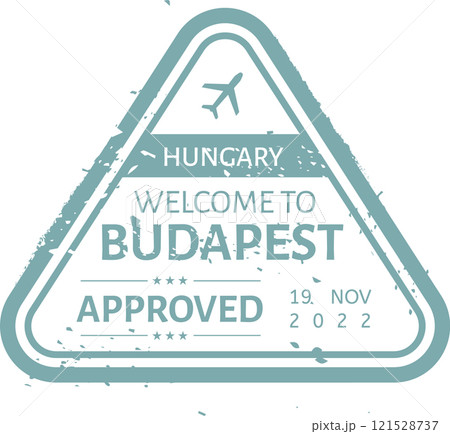 Triangular teal grunge stamp welcoming visitors to Budapest, Hungary, Europe, featuring an airplane icon, capturing the essence of travel and adventure on November 19, 2022 Triangular teal grunge stamp welcoming visitors to Budapest, Hungary, Europe, featuring an airplane icon, capturing the essence of travel and adventure on November 19, 2022 121528737