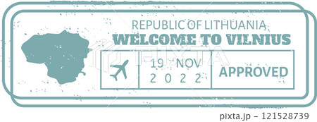 Immigration and customs stamp from Vilnius, Lithuania, welcoming visitors to the Republic of Lithuania, featuring an airplane graphic and the date of entry for travelers 121528739