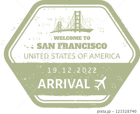 Hexagonal immigration arrival stamp in green with the Golden Gate Bridge celebrating travel to San Francisco, United States of America, on December 19, 2022 Hexagonal immigration arrival stamp in green with the Golden Gate Bridge celebrating travel to San Francisco, United States of America, on December 19, 2022 121528740