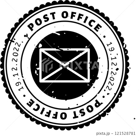 Black and white post office rubber stamp showing an envelope icon and the date, isolated on a white background, ideal for postal service and communication concepts 121528781