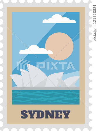 Sydney Opera House, a multi venue performing arts centre in Sydney, Australia, is depicted on a vintage postcard with sun, clouds and blue sea 121528821