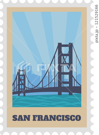 Vintage postcard stamp design featuring the iconic Golden Gate Bridge, set against a backdrop of a vibrant blue sky and the stunning San Francisco city skyline 121529166