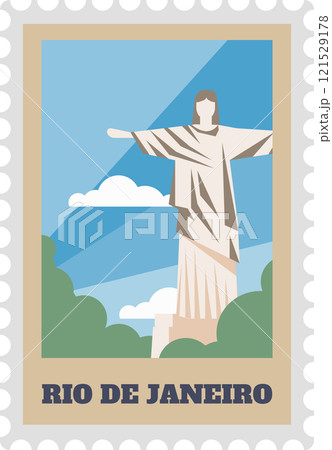 Minimalist vector illustration of the Christ the Redeemer statue in Rio de Janeiro, Brazil, featured on a vintage postcard with a beige border and serrated edges 121529178