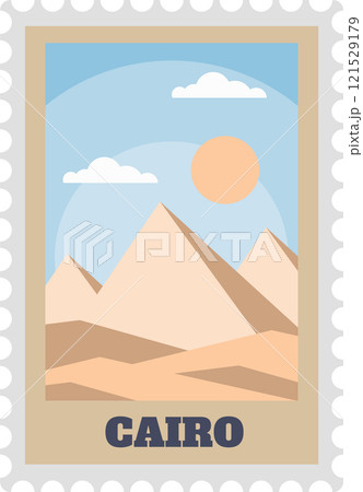 Postage stamp illustrating the iconic pyramids of Giza in Cairo, Egypt, set against a vibrant sunny sky dotted with clouds, ideal for travel and tourism themes 121529179