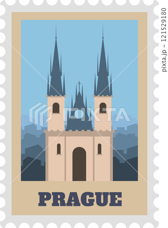 Vintage postage stamp featuring Church of Our Lady before Tyn and cityscape silhouette merging with blue sky, forming evocative Prague souvenir 121529180
