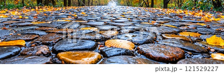 Tranquil Cobblestone Pathway in Autumn Setting 121529227
