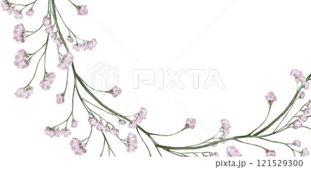 Watercolor Banner, postcard of sprig small, light, purple flowers. Dried Flower 121529300